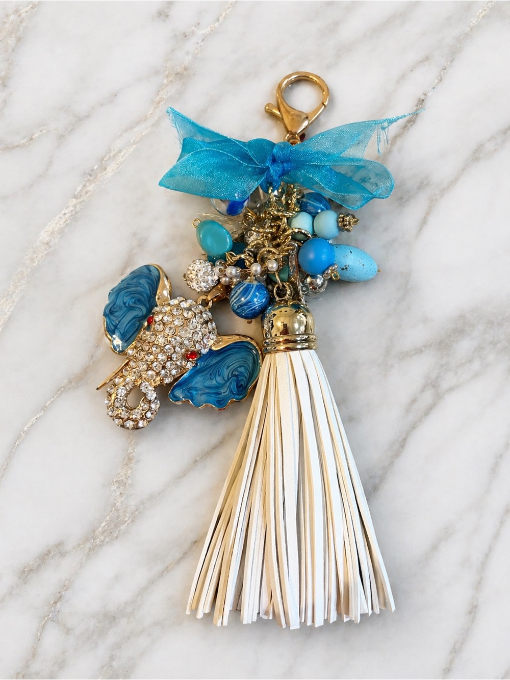 Blue Elephant Tassel Bag Charm Keychain Purse Gold Tone Beaded Rhinestone Boho